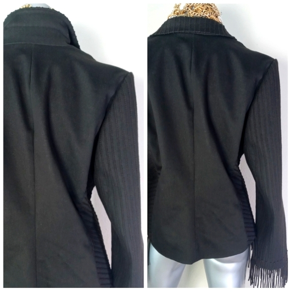 Company Ellen Tracy Open Front Fringe Chocolate Striped Cotton Blend Jacket - Picture 13 of 13